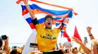 SAN CLEMENTE, CALIFORNIA - SEPTEMBER 6: Two-time WSL Champion John John Florence of Hawaii after winning the 2024 World Title after Title Match 2 at the Lexus WSL Finals on September 6, 2024 at San Clemente, California. (Photo by Thiago Diz/World Surf League)
