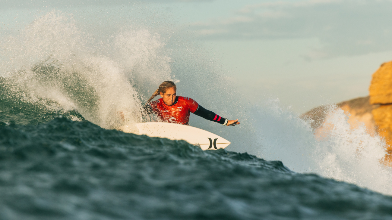 BELLS BEACH, VICTORIA, AUSTRALIA - APRIL 18: Gabriela Bryan of Hawaii surfs in Heat 1 of the Opening Round at the Rip Curl Pro Bells Beach on April 18, 2025 at Bells Beach, Victoria, Australia. (Photo by Cait Miers/World Surf League)